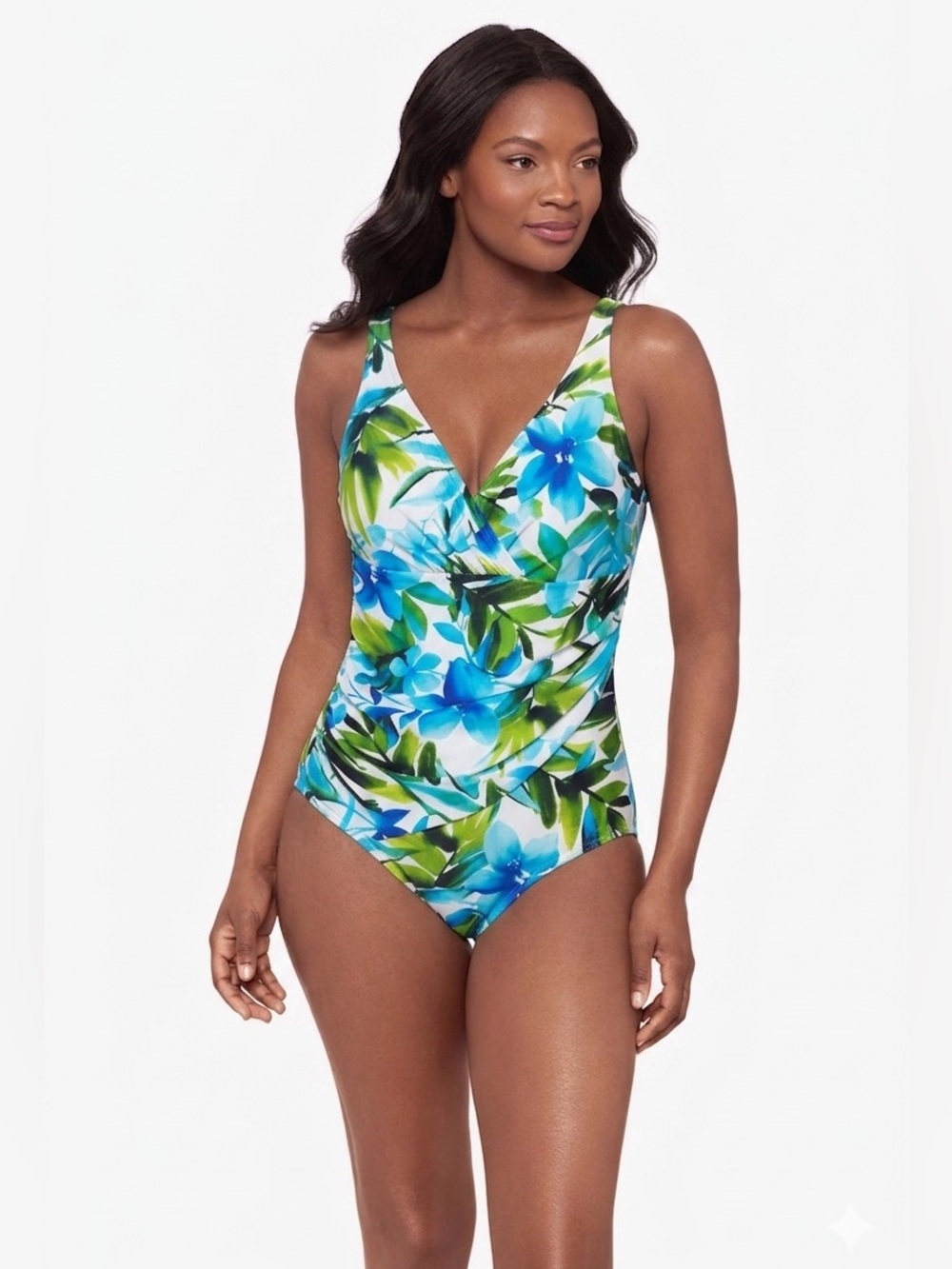 Miraclesuit Oceanus Tropical Palm Floral sz 16 Ruched 1 Piece Swimsuit Shaping
